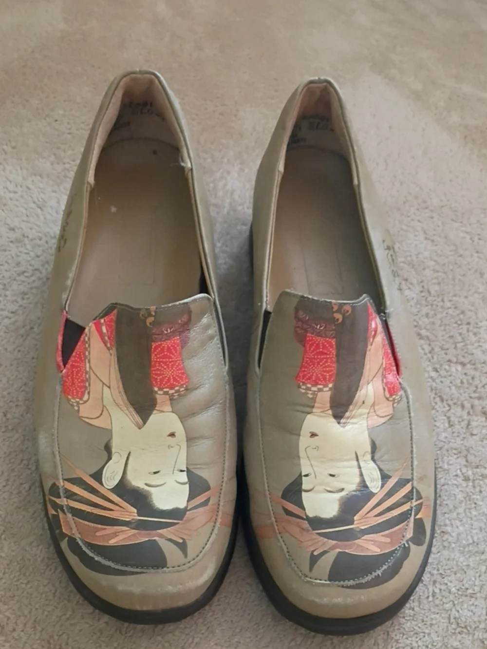 vintage ICON Wearable Art.Artistic Olive  Slip-On Loafers with Geisha Print